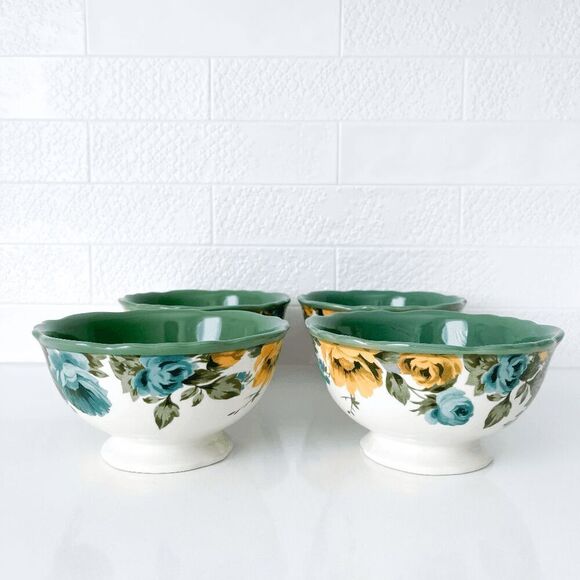 NWOT The Pioneer Woman Rose Shadow Floral Footed Bowl Dinnerware Set of 4 - Picture 1 of 11
